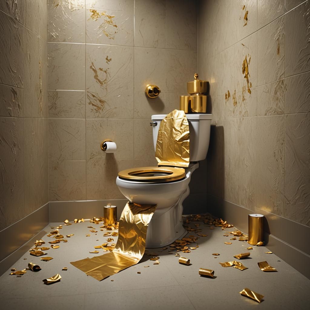 Golden Toilet with Golden Paper: Cinematic Still