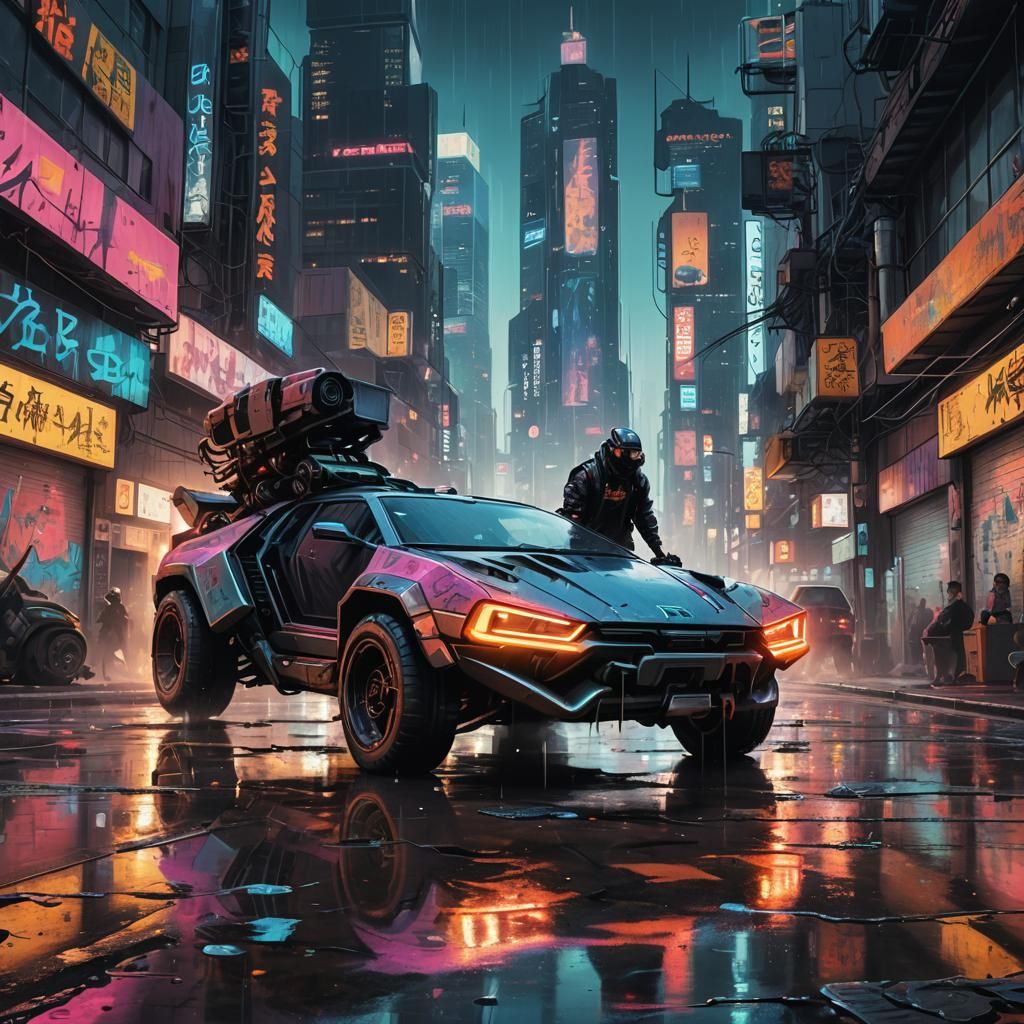 Cyberpunk Cyborg in Futuristic Cityscape at Dusk