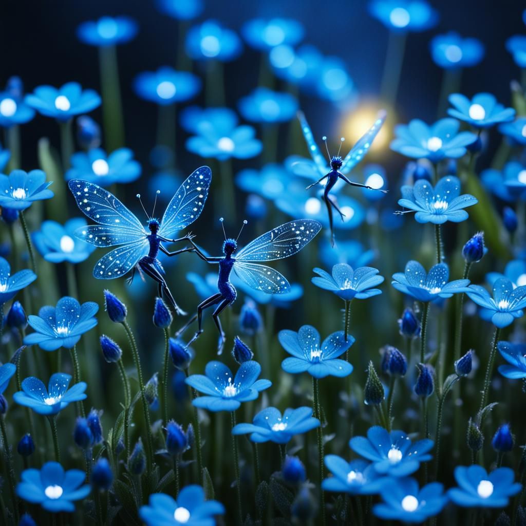 Glowing Fairies in a Shimmering Blue Flower Garden