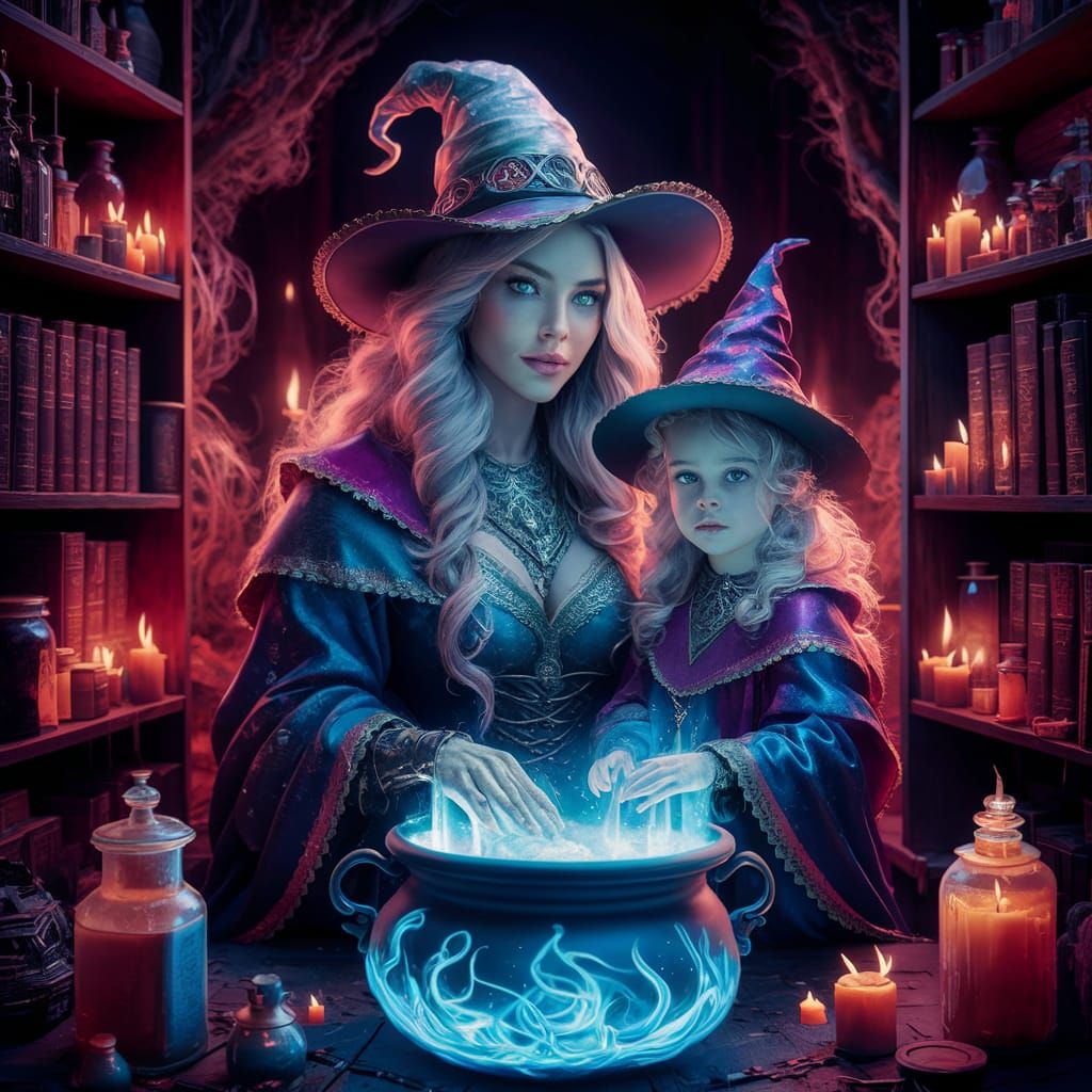 Enchanting Witch and Apprentice in Bioluminescent Setting