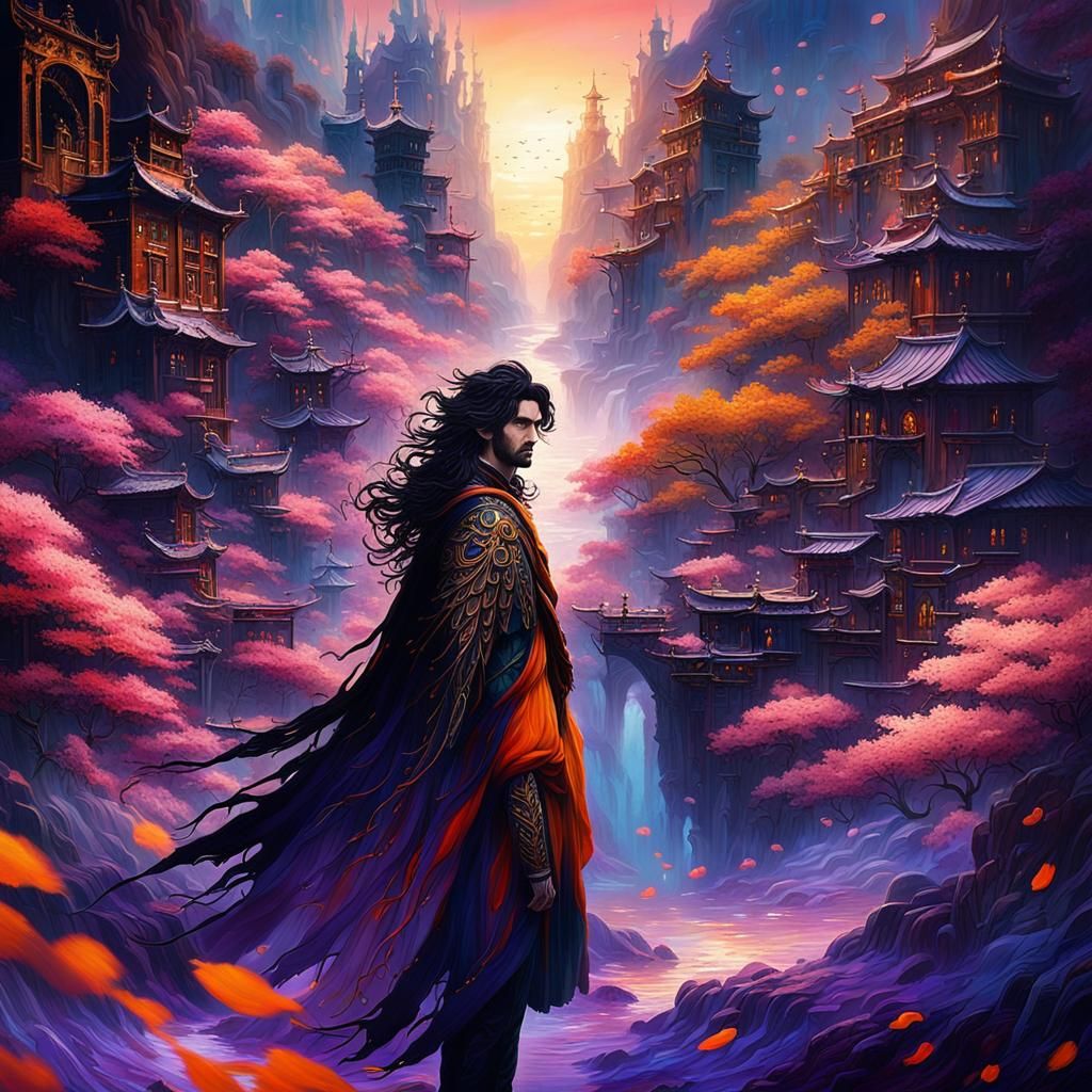 Dreamy Anime Boy Sunset with Cherry Blossoms