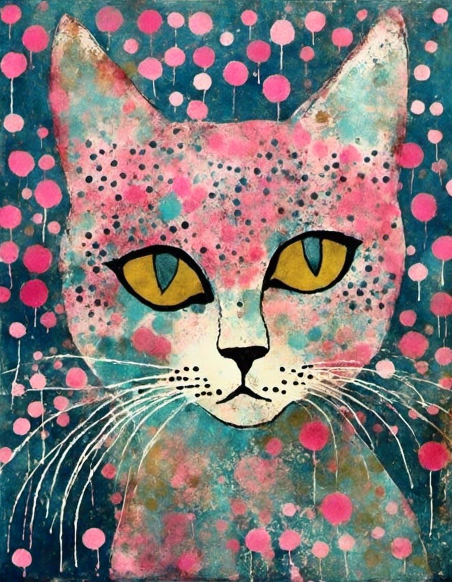 Cute cat. Flowers gelliprint