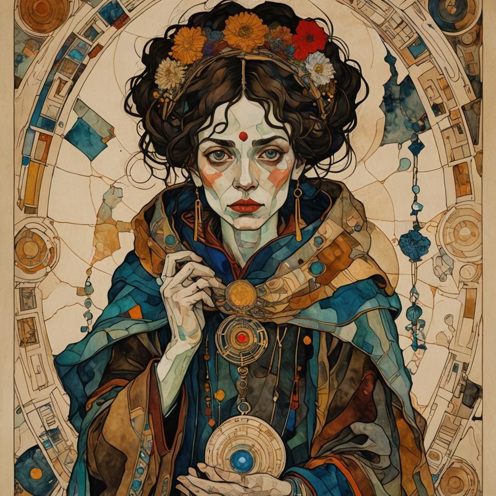 Tarot Card with Matrioska in Schiele Style