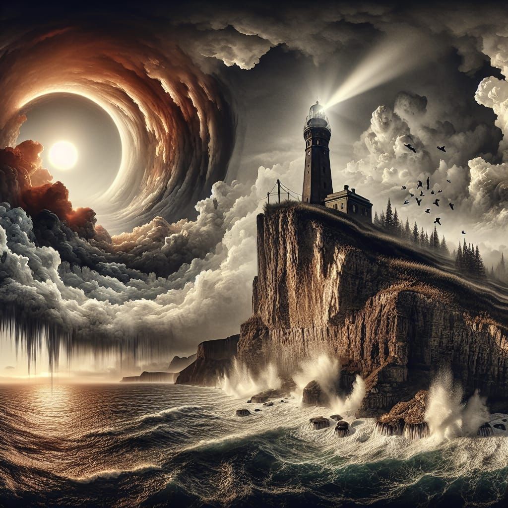 Lighthouse at Stormy Cliff with Solar Halo