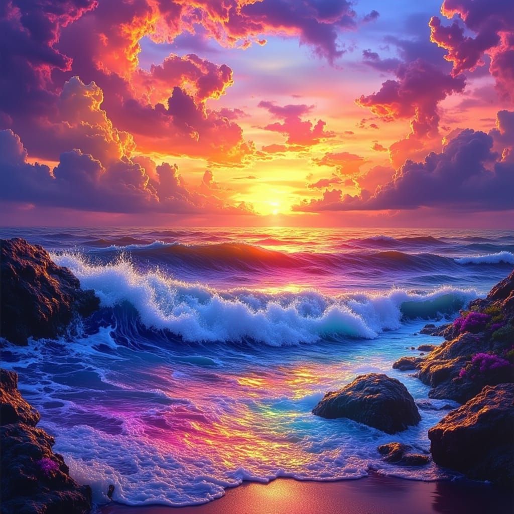 Vivid Sunset Oil Painting of Eventide Sea