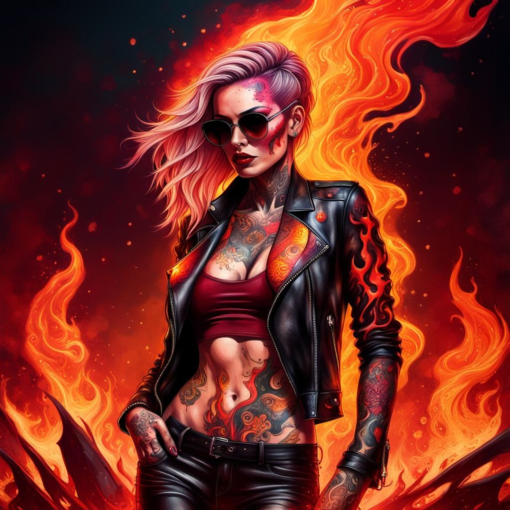 Tattooed Woman in Flames: Hyperrealistic Splash Art