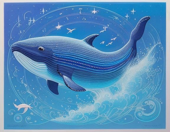 Whimsical Beadwork Whale in Technicolor Gouache Style