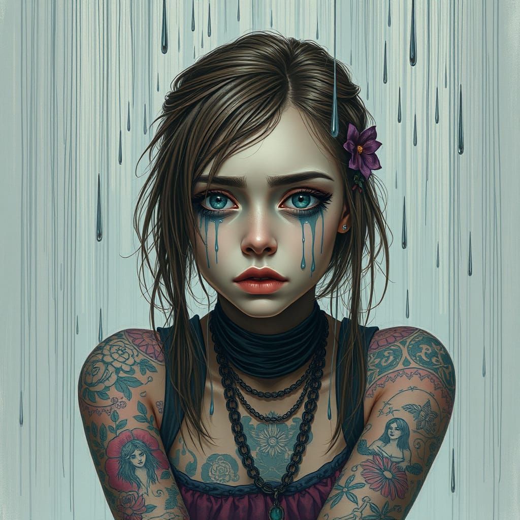 Woman with Tattoos Surrounded by Tears in Digital Art Style
