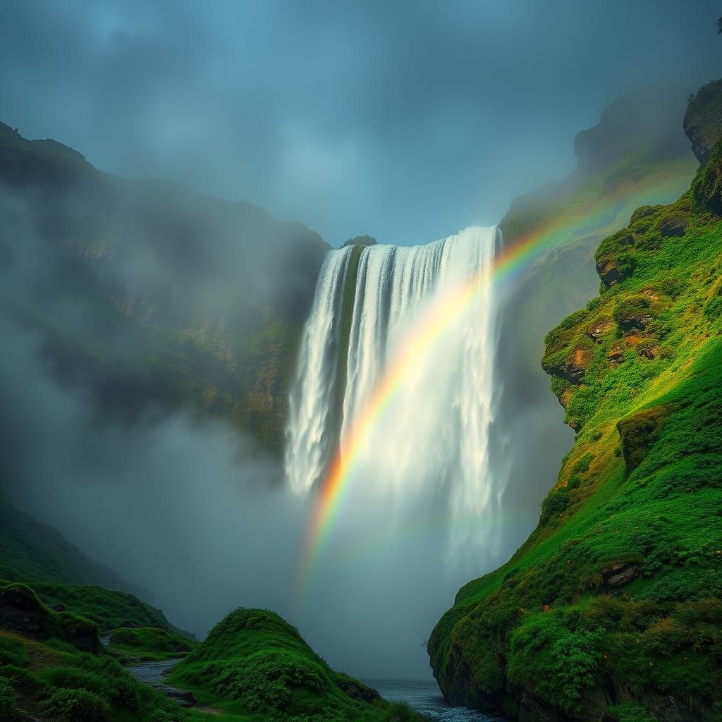 Vibrant Hyperrealistic Rainbow Waterfall in HDR Style