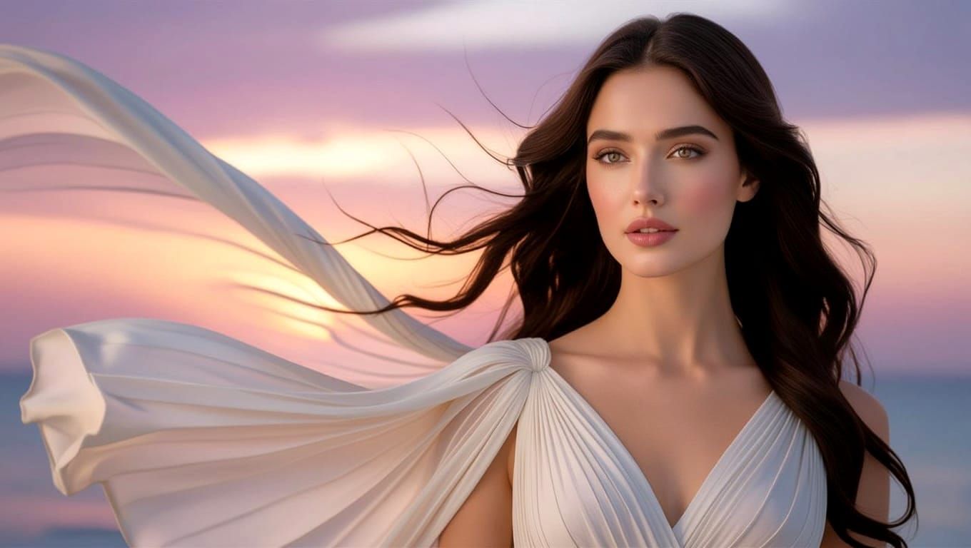 Ethereal Greek Goddess with Long Hair in Violet Sunset