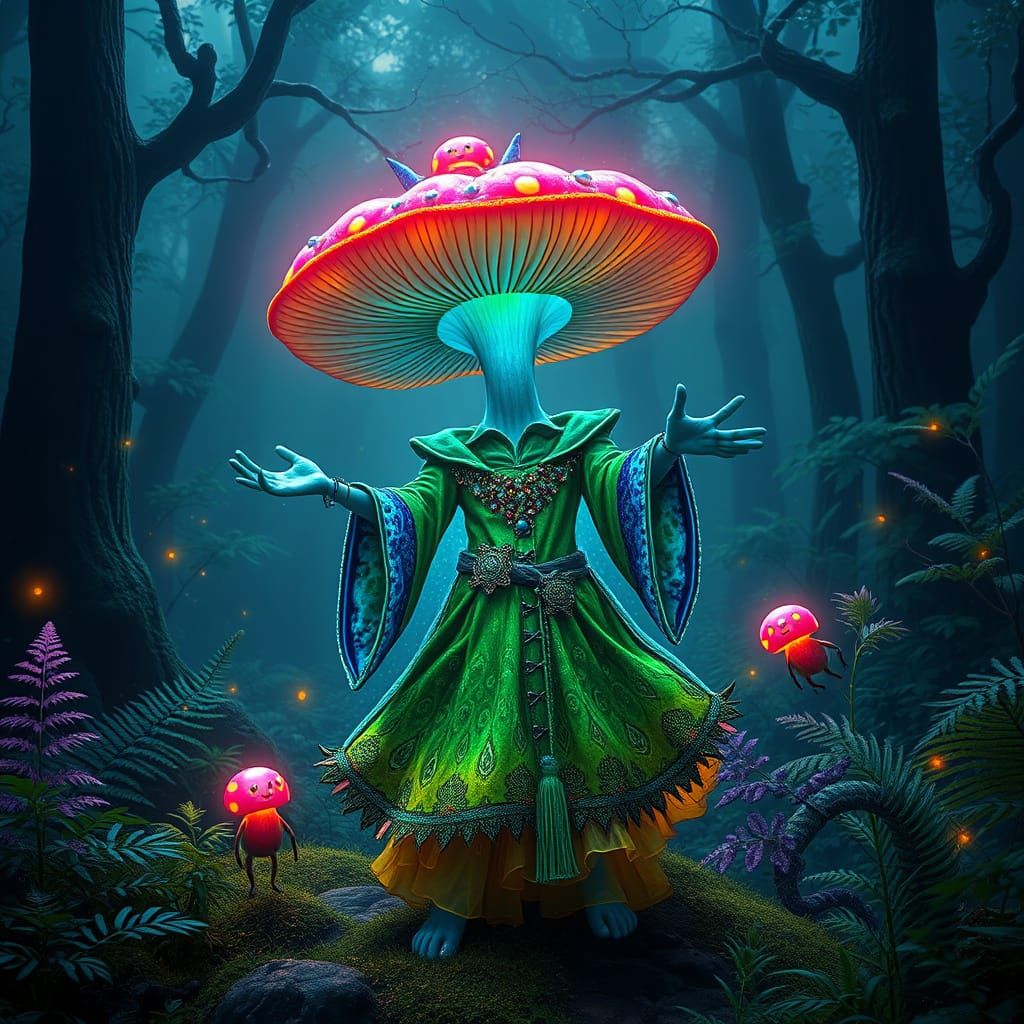Whimsical Rainforest Mushroom Dance in Vibrant Iridescence