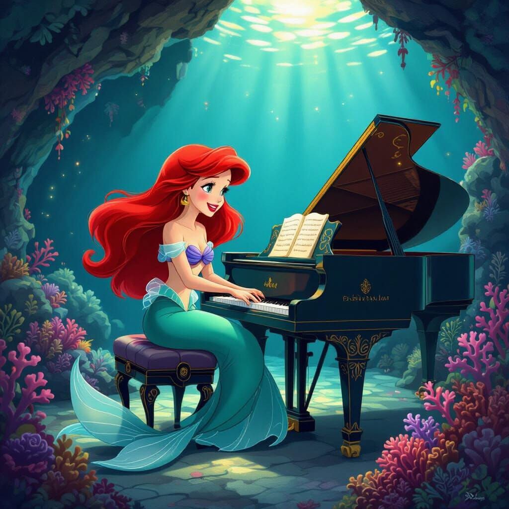 Ariel Plays Piano in Enchanting Underwater Grotto