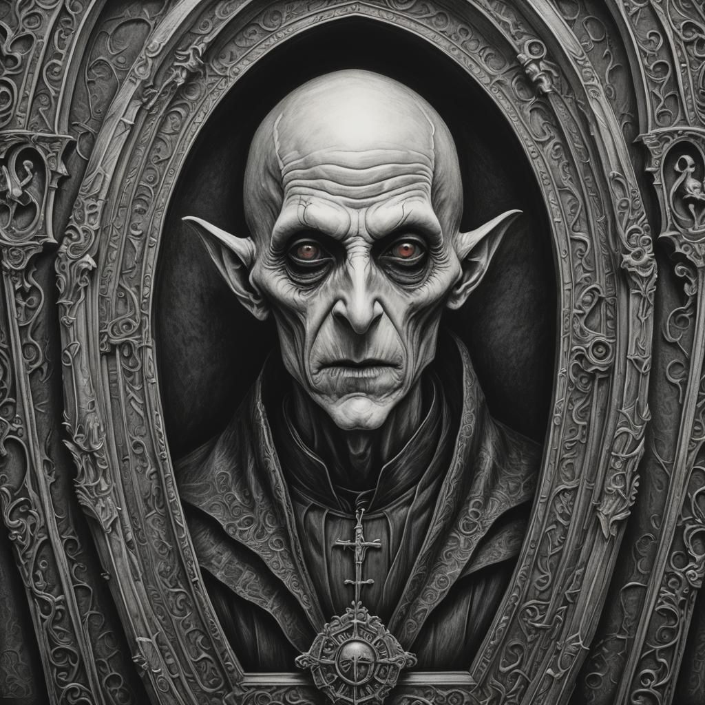 Nosferatu in Gothic Coffin: Charcoal Drawing
