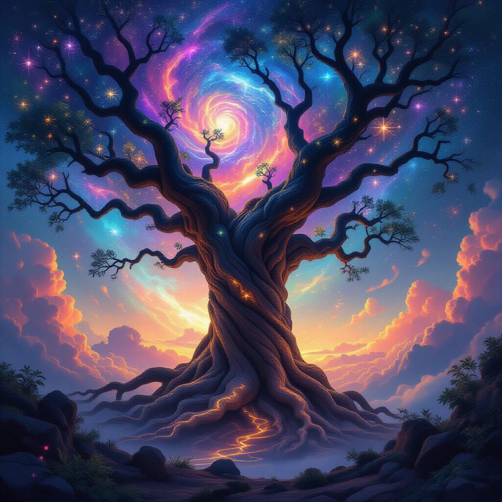 Ancient Nebula Tree with Celestial Carvings