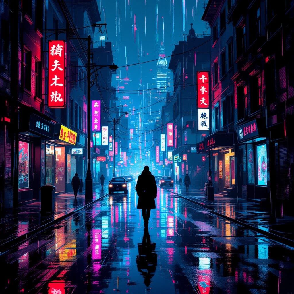 Lone Figure on Neon-Lit Rainy Street in Abstract Style