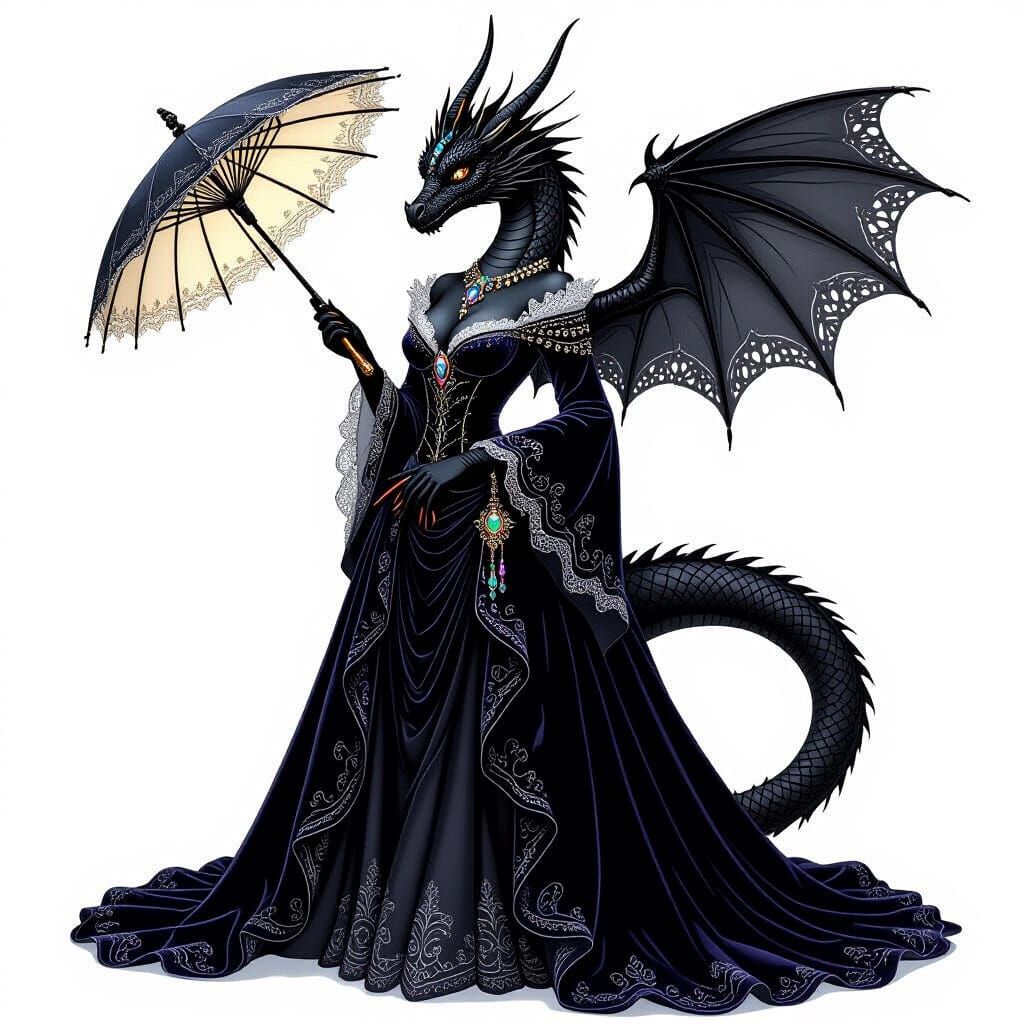Black Dragon in Velvet Gown with Parasol