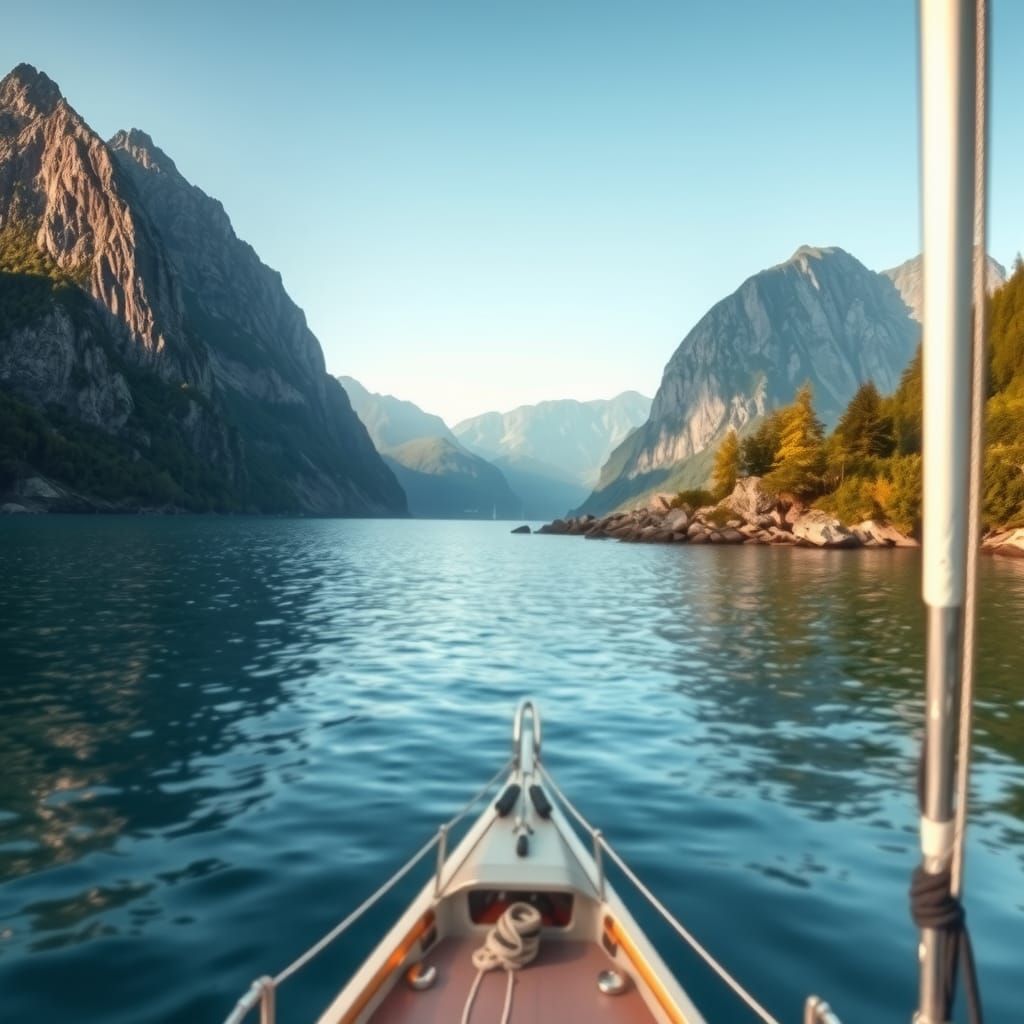 Norwegian Fjord Landscape from Sailboat Bow
