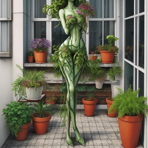 Plant Girl in Apartment: Colorful Ink Drawing