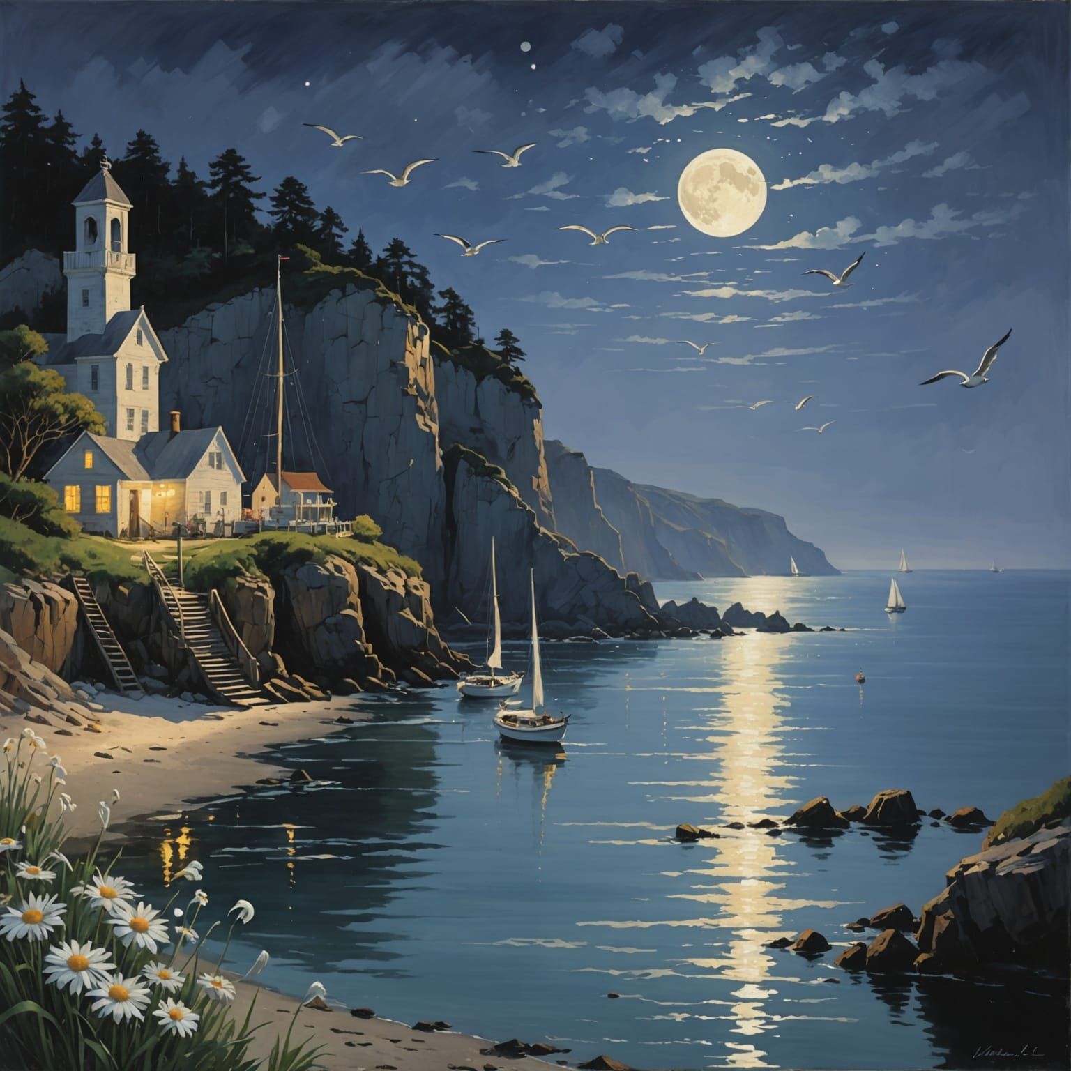 Moonlit Cove with Sailboats in Psychedelic Style