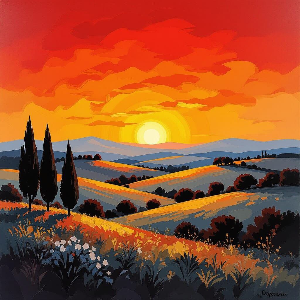 Monochrome Landscape with Red Sky, Impressionist Style