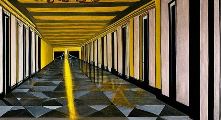 Endless Corridor With Demon Faces and Walking Woman