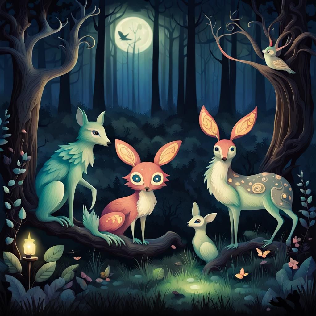 Enchanted Forest Creatures Under Night Sky
