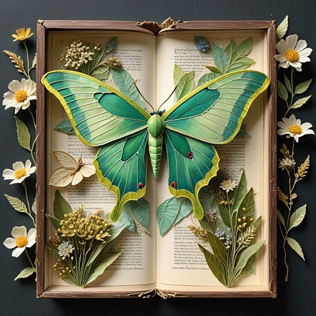 Dreamlike Luna Moth Collage in Mixed Media