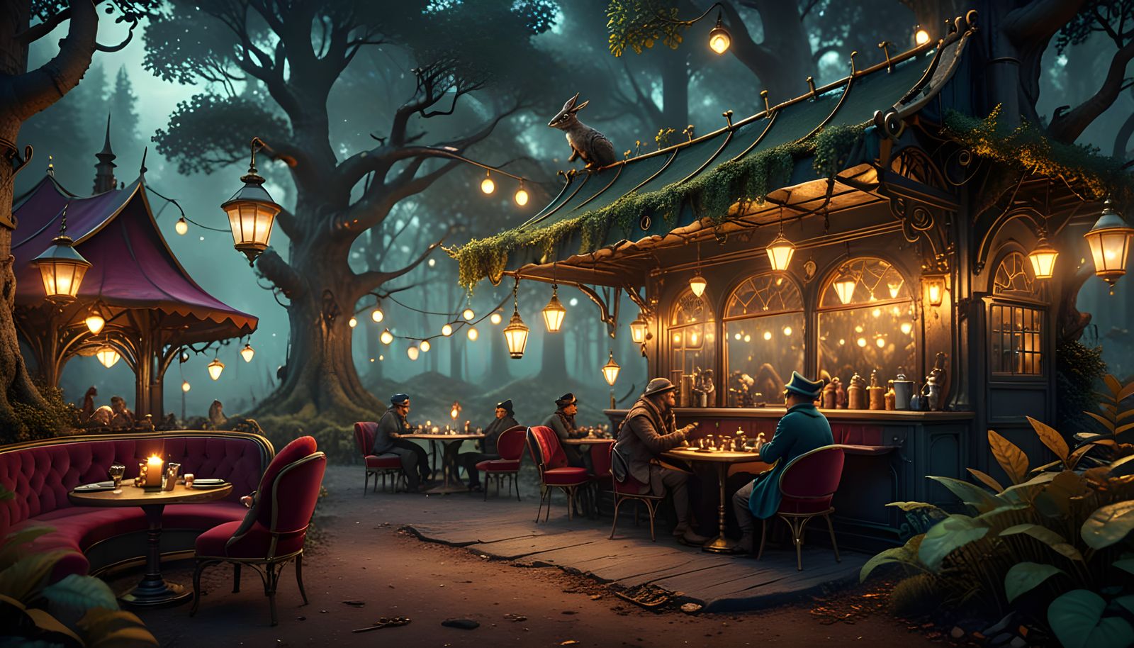 Enchanted Steampunk Café in Dark Fantasy Style