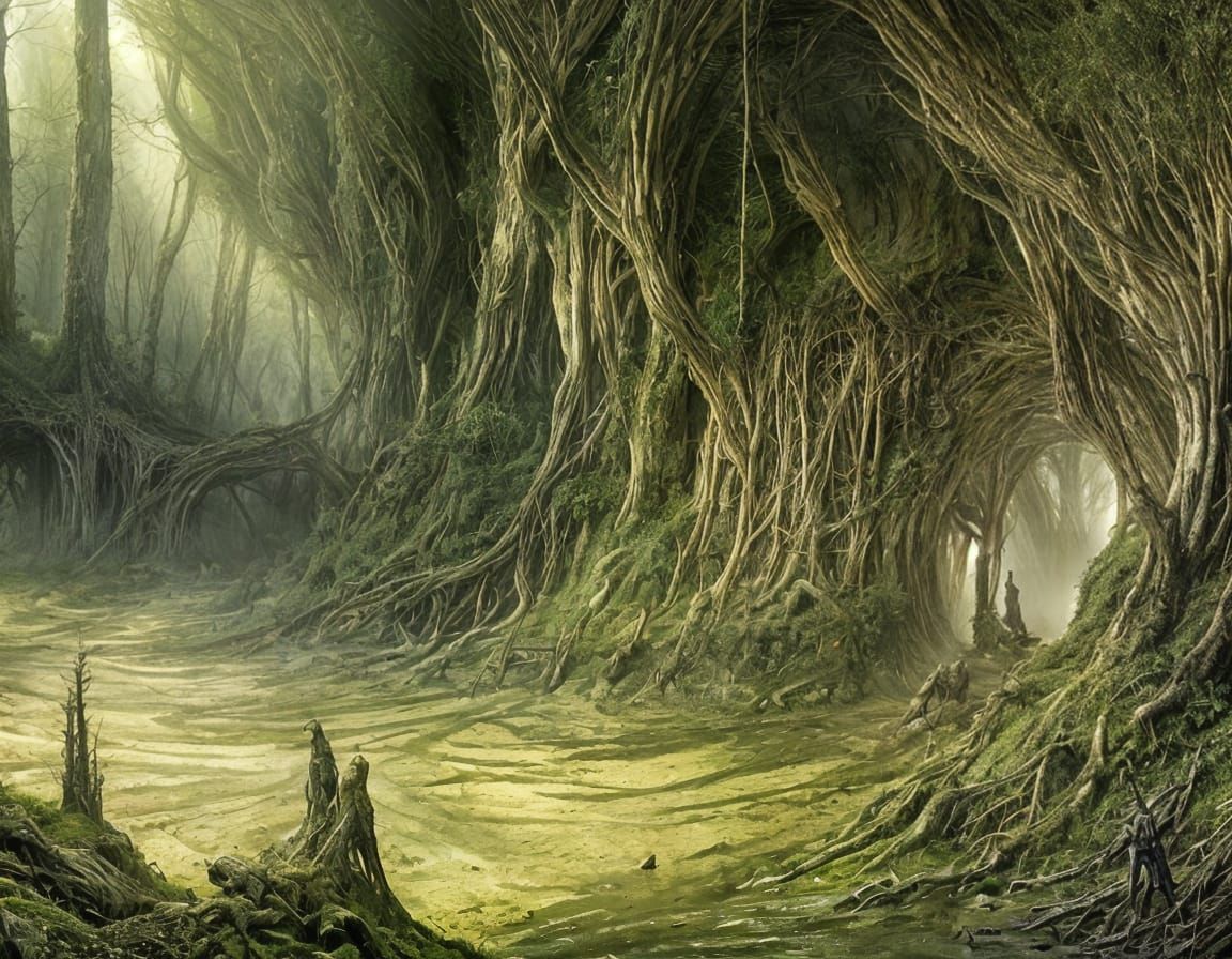 Eerie Monster Den in Forest Cave, Luis Royo Style