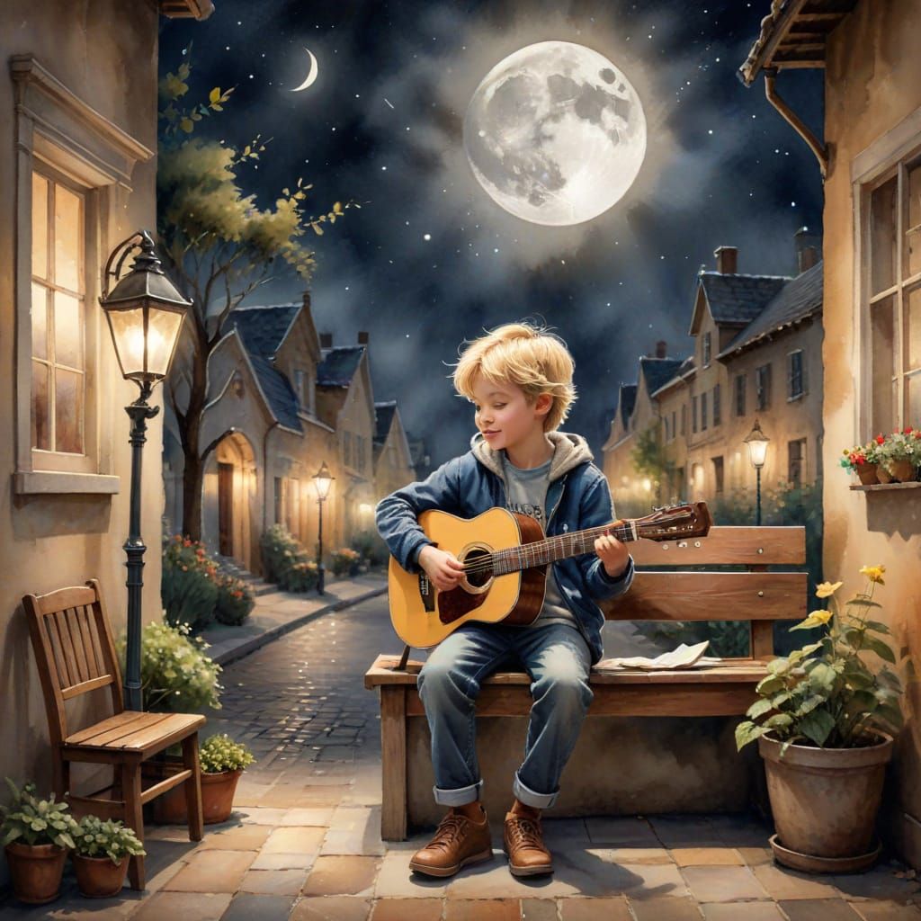 Boy Playing Guitar in Cozy Interior Watercolor Style