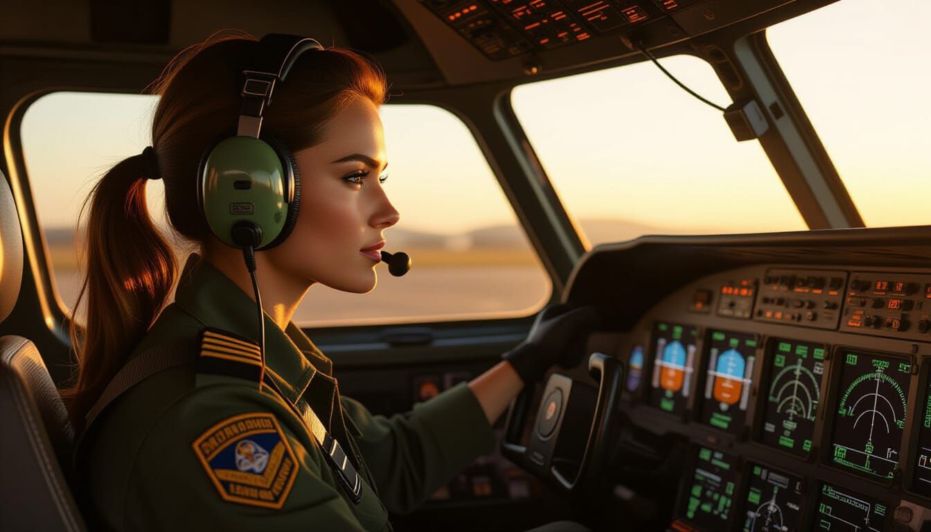 Female Pilot in Cockpit at Golden Hour