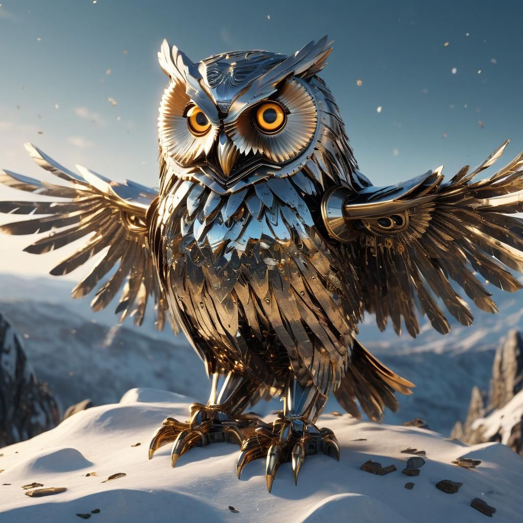 Epic Sci-Fi Owl perched on a Snowy Mountain Outcropping in M...