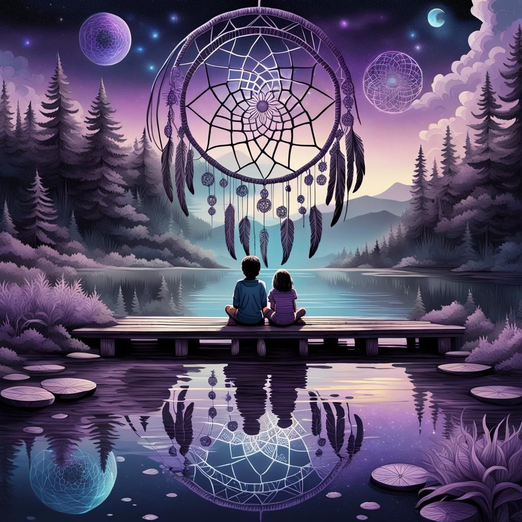 Children at Dock with Dreamcatcher in Cosmic Art Style