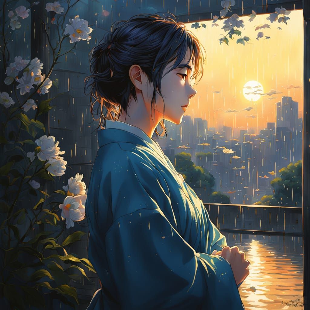 Yamato-e Painting of Golden Sunrise and Rain