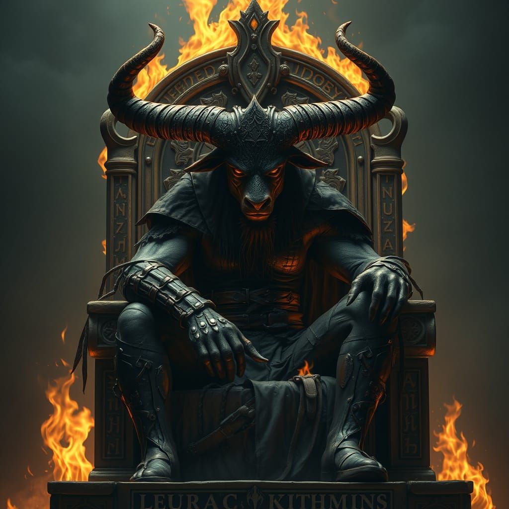 Gothic Minotaur in Fiery Throne, with Twisted Crown and Eeri...