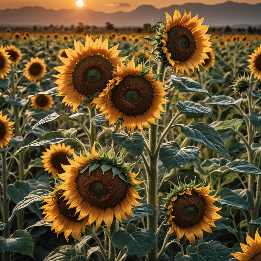 Hyperrealistic Chameleon on Sunflower at Sunset