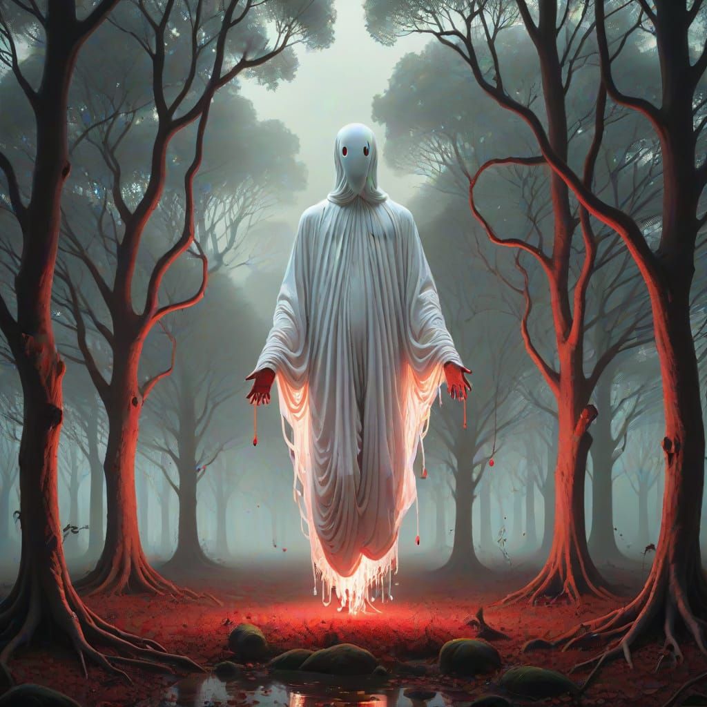 Ethereal Horror Figure Suspended Among Twisted Trees