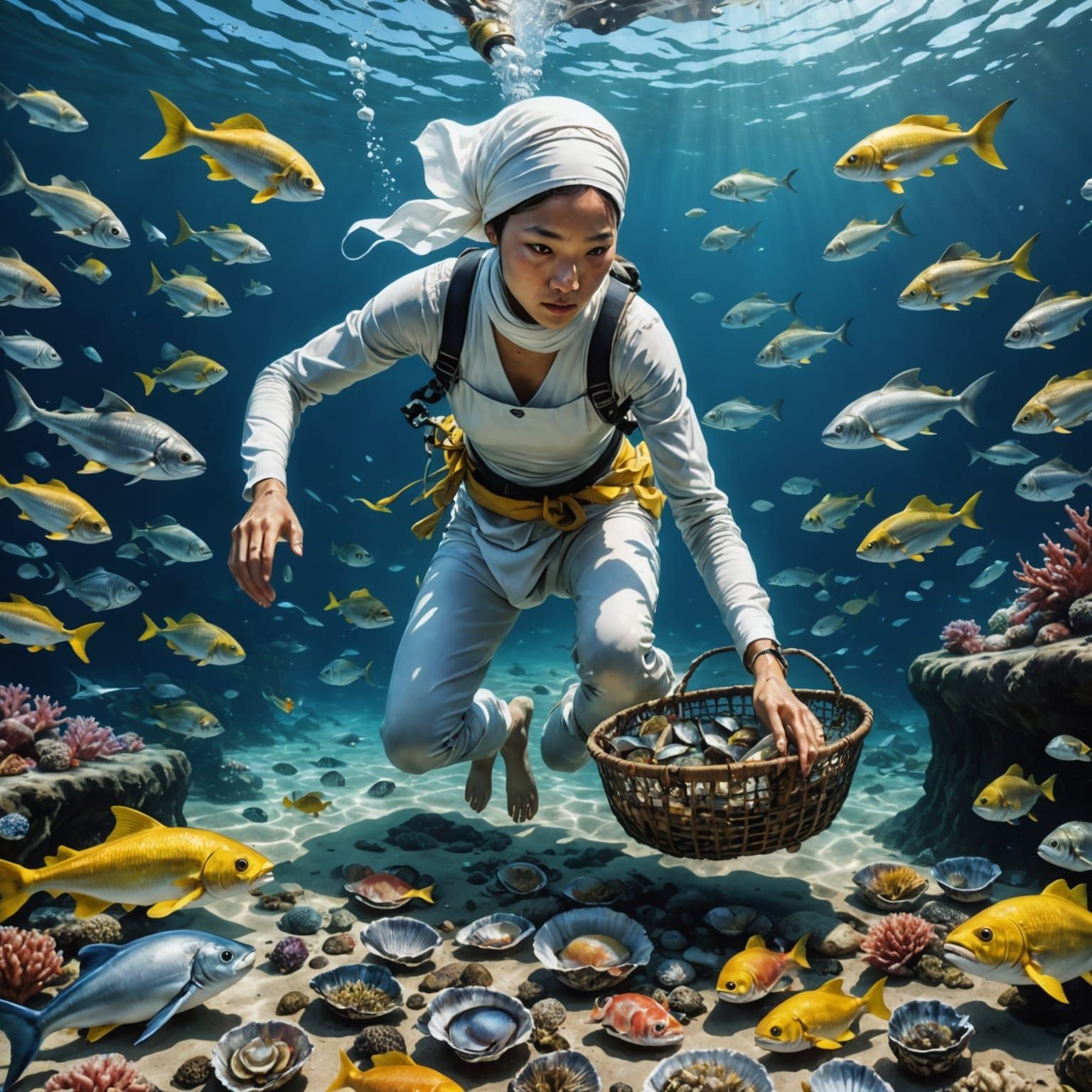 Japanese Ama Pearl Divers in Gouache Style