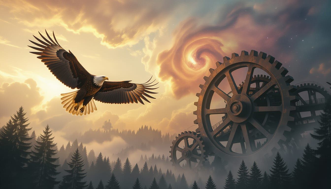 Majestic Eagle Soars Through Cosmic Nebulae Over Ancient Gea...