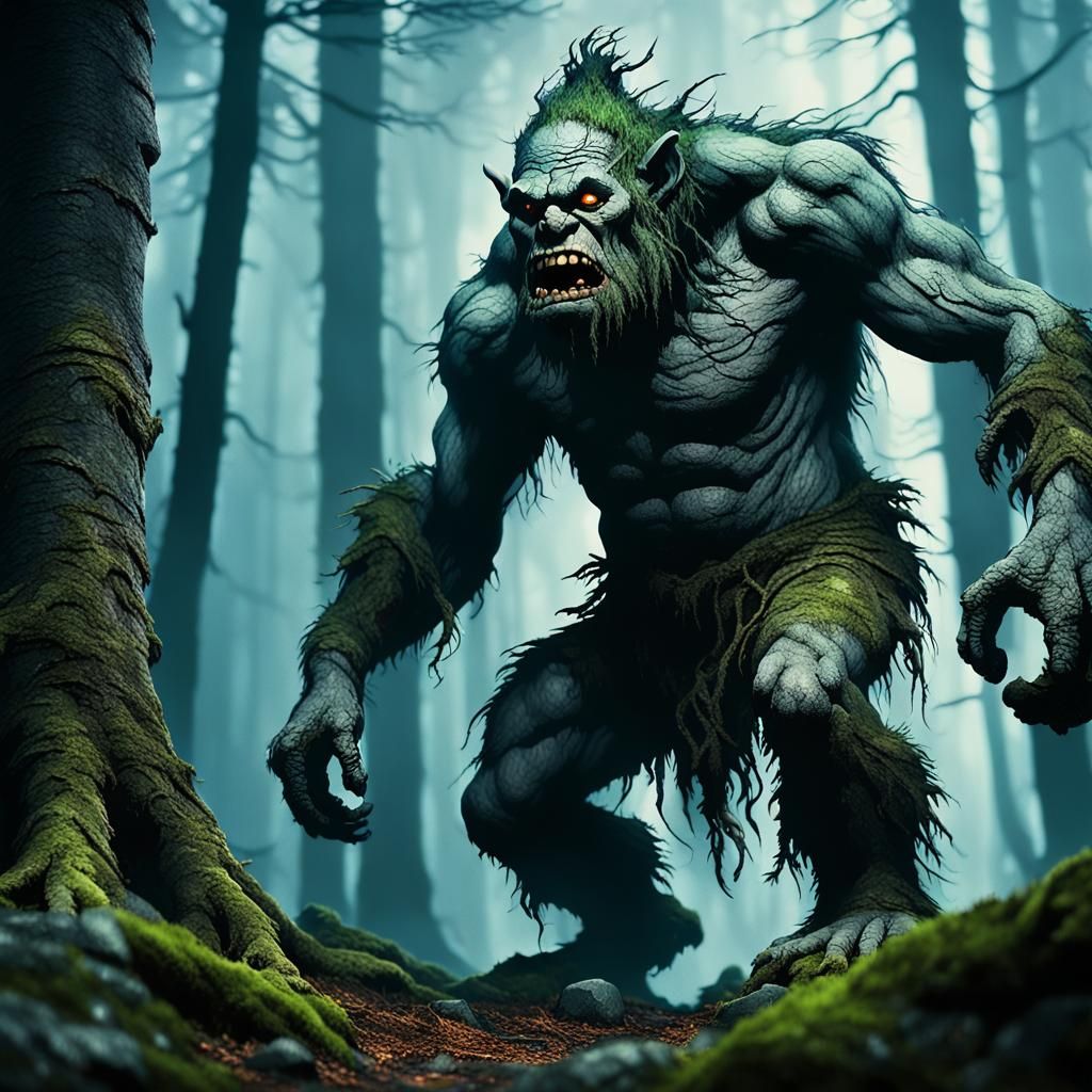 Menacing Troll in Misty Forest, Fantasy Illustration