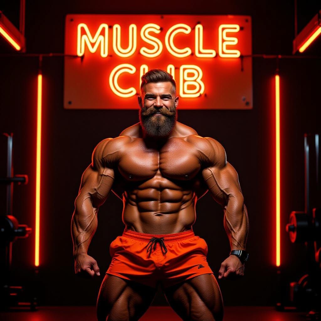 Muscular Man Flexes in Retro Orange Neon Gym