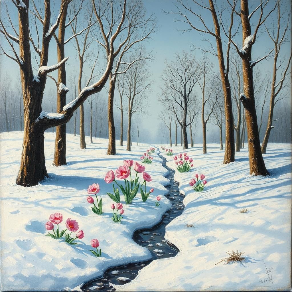 Surreal Melting Flowers in Winter Snow, Dali Style