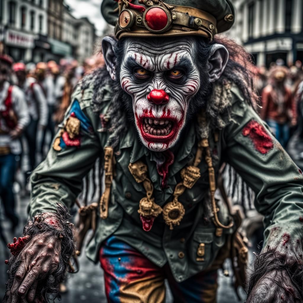 Hyperrealistic Zombie Monkey Military Clown Parade