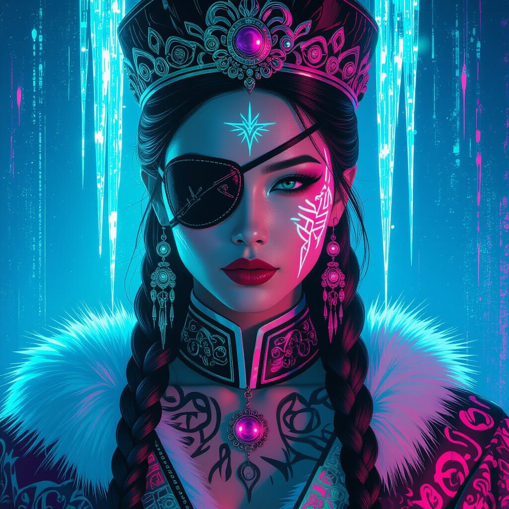 Siberian Ice Maiden: Empress Tarot in Digital Glitch Art