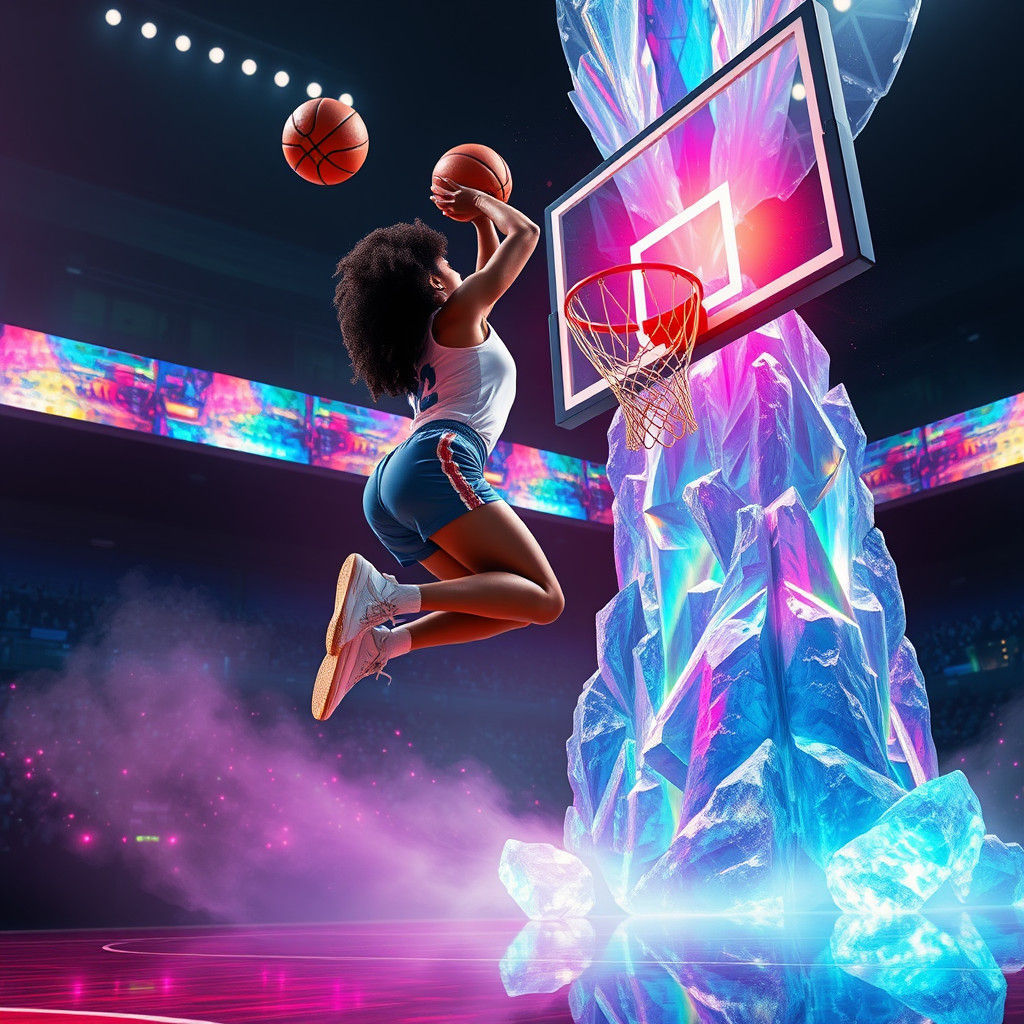 Basketball Player Leaps Through Ethereal Hoop