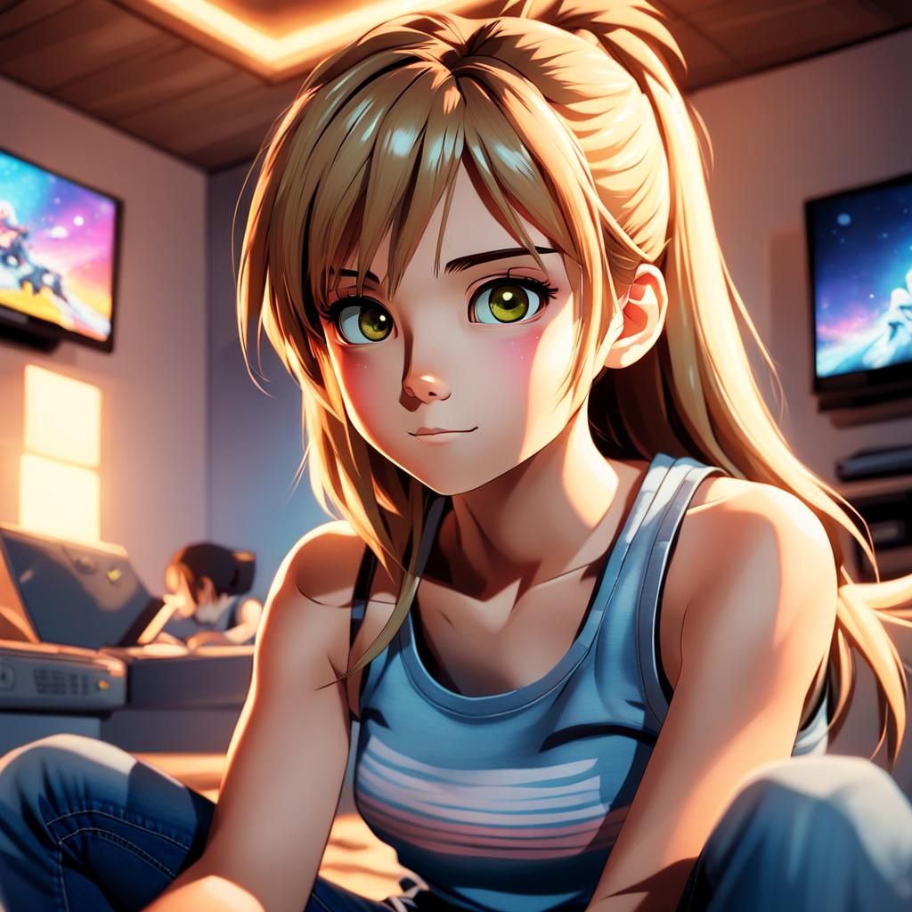 Anime Gamer Girl in Cozy Room, Genshin Impact Style