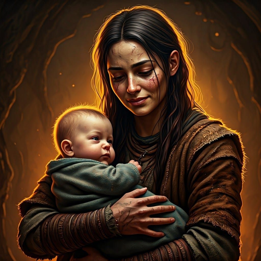 Mother and Child in Ethereal Fantasy Setting
