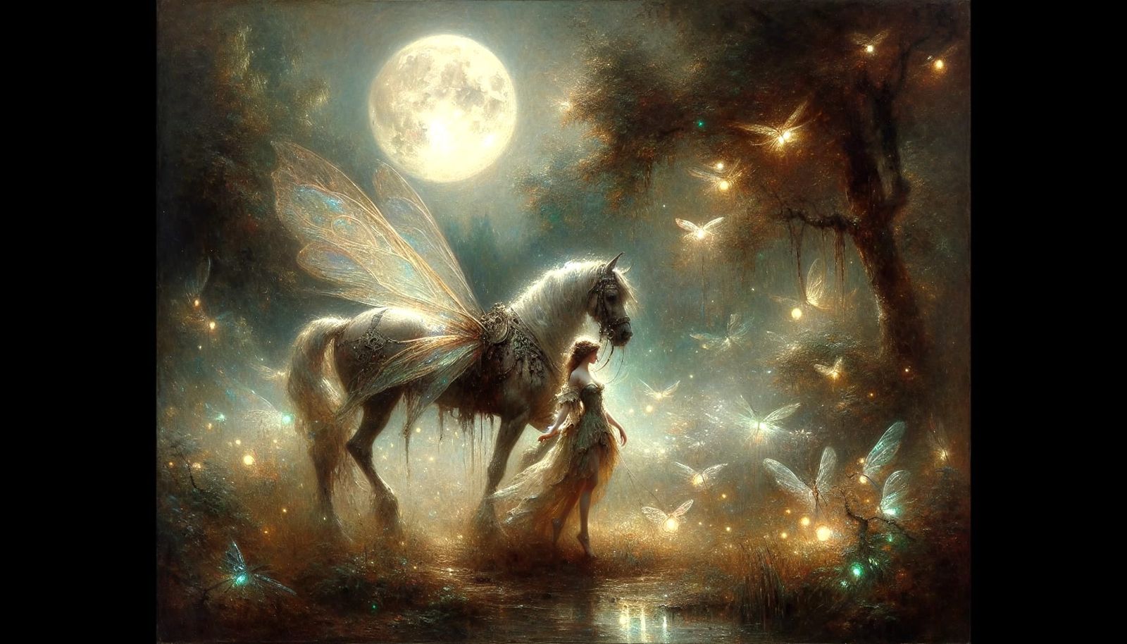 Moonlit Fairy and Steed in Ethereal Glade as Impressionist P...