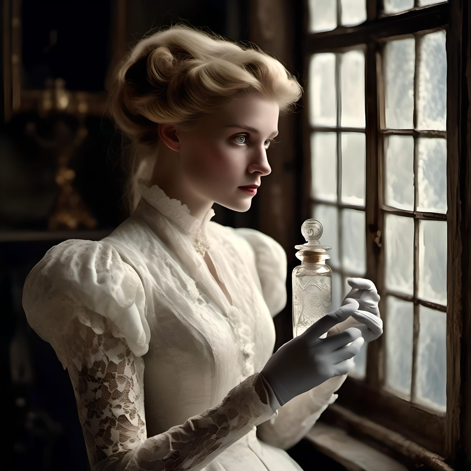 Evil Edwardian Woman with Poison Bottle in Watercolor