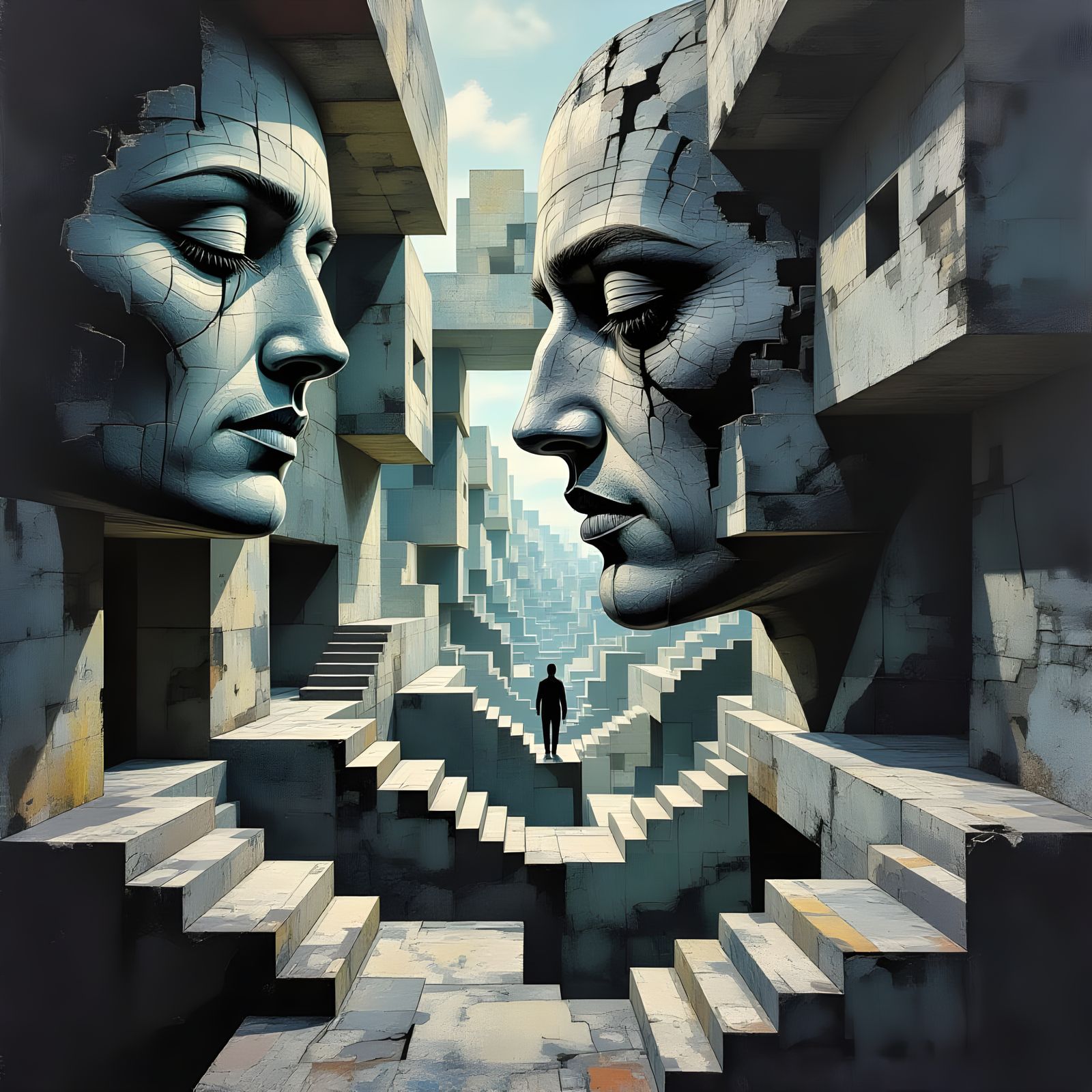 Duality in Brutalist Maze: Aged and Youthful Figures